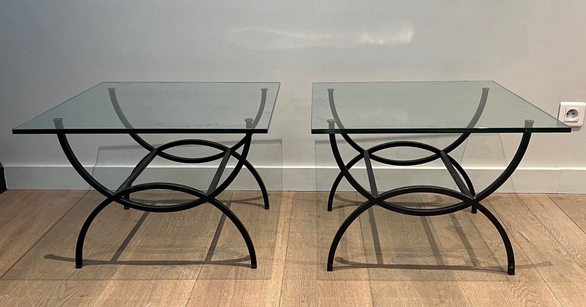 Pair Of Black Lacquered Side Tables With Thick Glass Tops. French Work. Circa 1950-photo-8