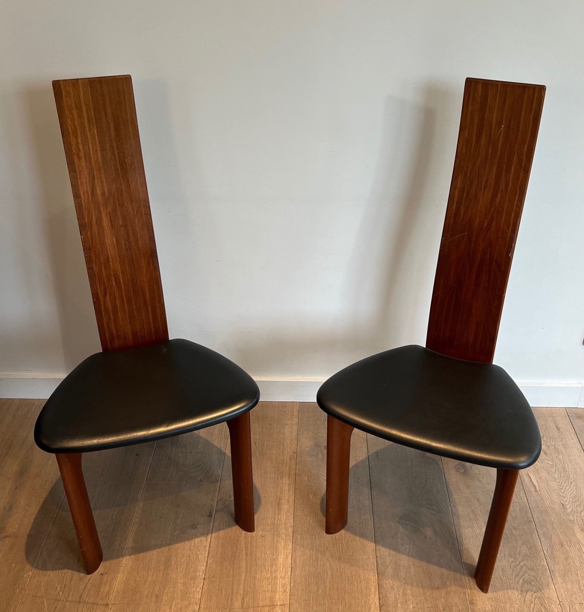 Pair Of Chairs In Exotic Wood And Leather. Scandinavian Work. Around 1970-photo-2