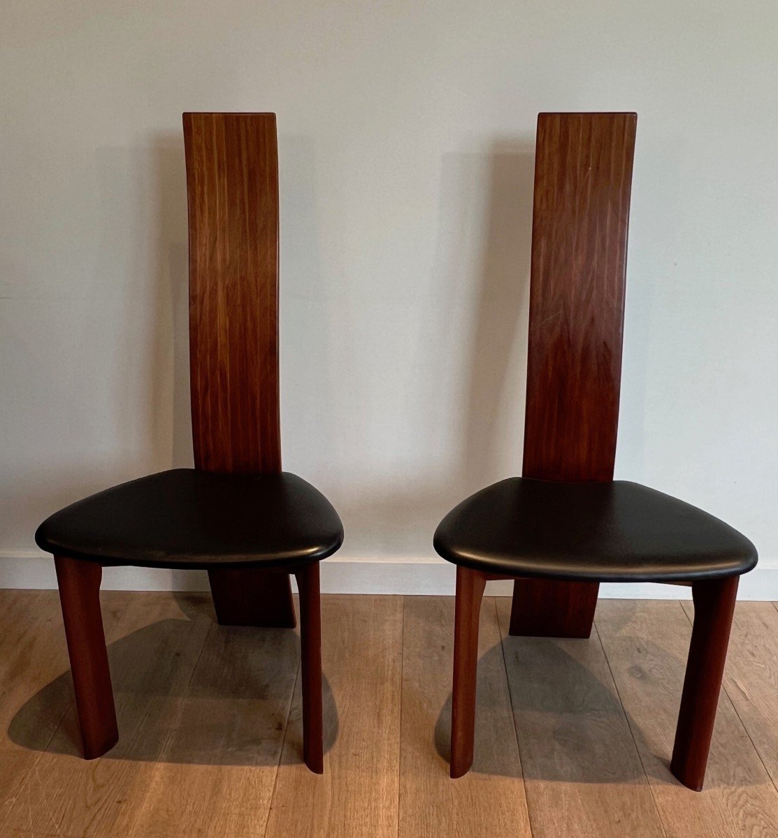 Pair Of Chairs In Exotic Wood And Leather. Scandinavian Work. Around 1970