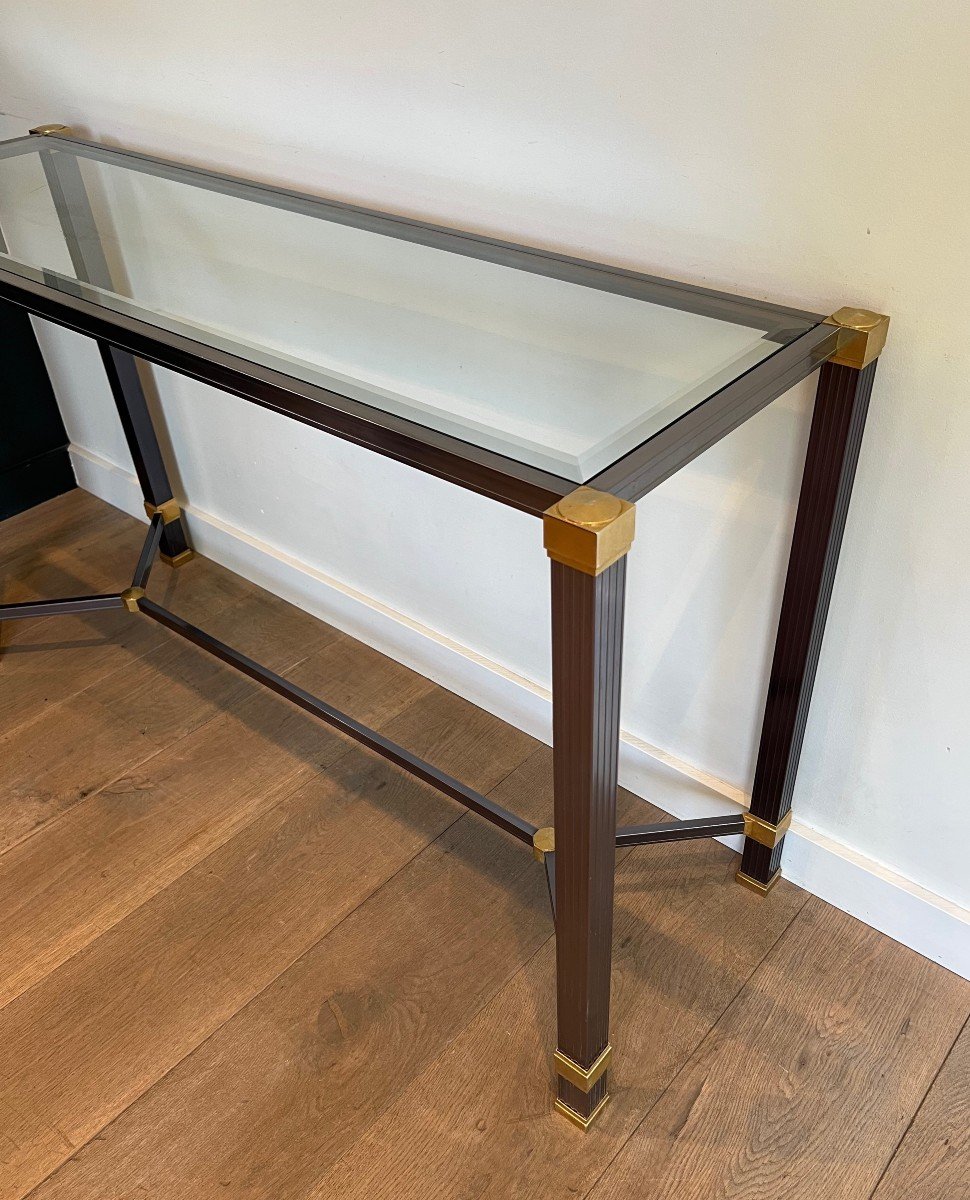 Console In Lacquered Aluminum And Gold Metal With Fluted Feet. French Work Signed Pierre Vandel-photo-2