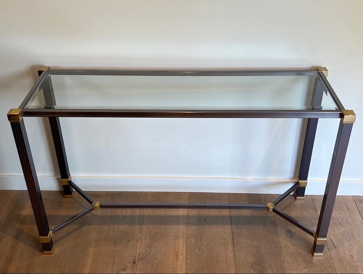 Console In Lacquered Aluminum And Gold Metal With Fluted Feet. French Work Signed Pierre Vandel-photo-7
