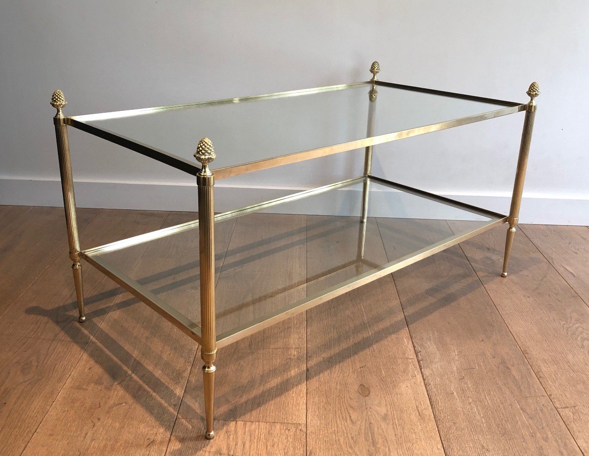 Brass Coffee Table By Maison Baguès With Two Glass Shelves Featuring Bronze Tassels On Corners-photo-2