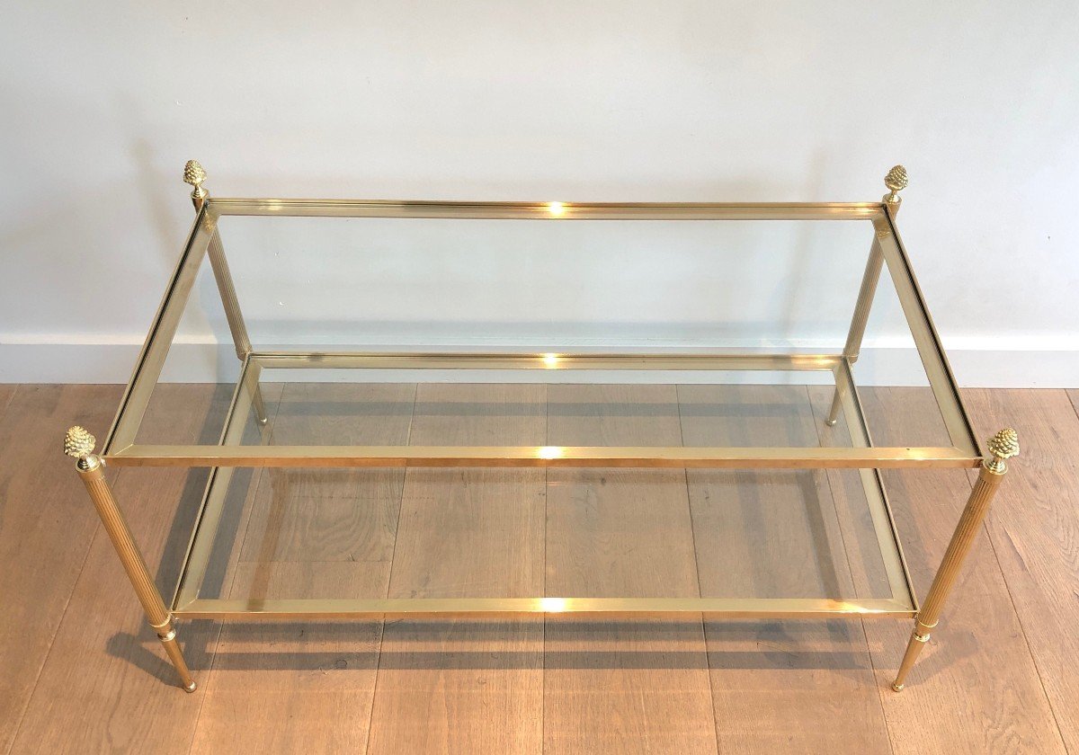 Brass Coffee Table By Maison Baguès With Two Glass Shelves Featuring Bronze Tassels On Corners-photo-3
