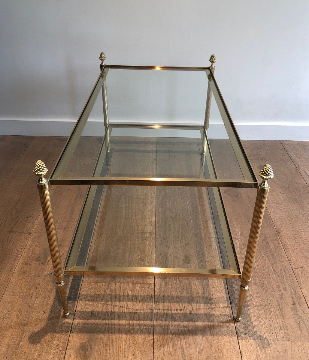 Brass Coffee Table By Maison Baguès With Two Glass Shelves Featuring Bronze Tassels On Corners-photo-1