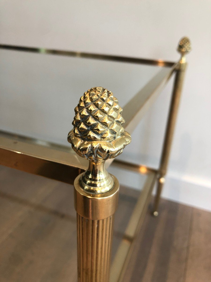 Brass Coffee Table By Maison Baguès With Two Glass Shelves Featuring Bronze Tassels On Corners-photo-4