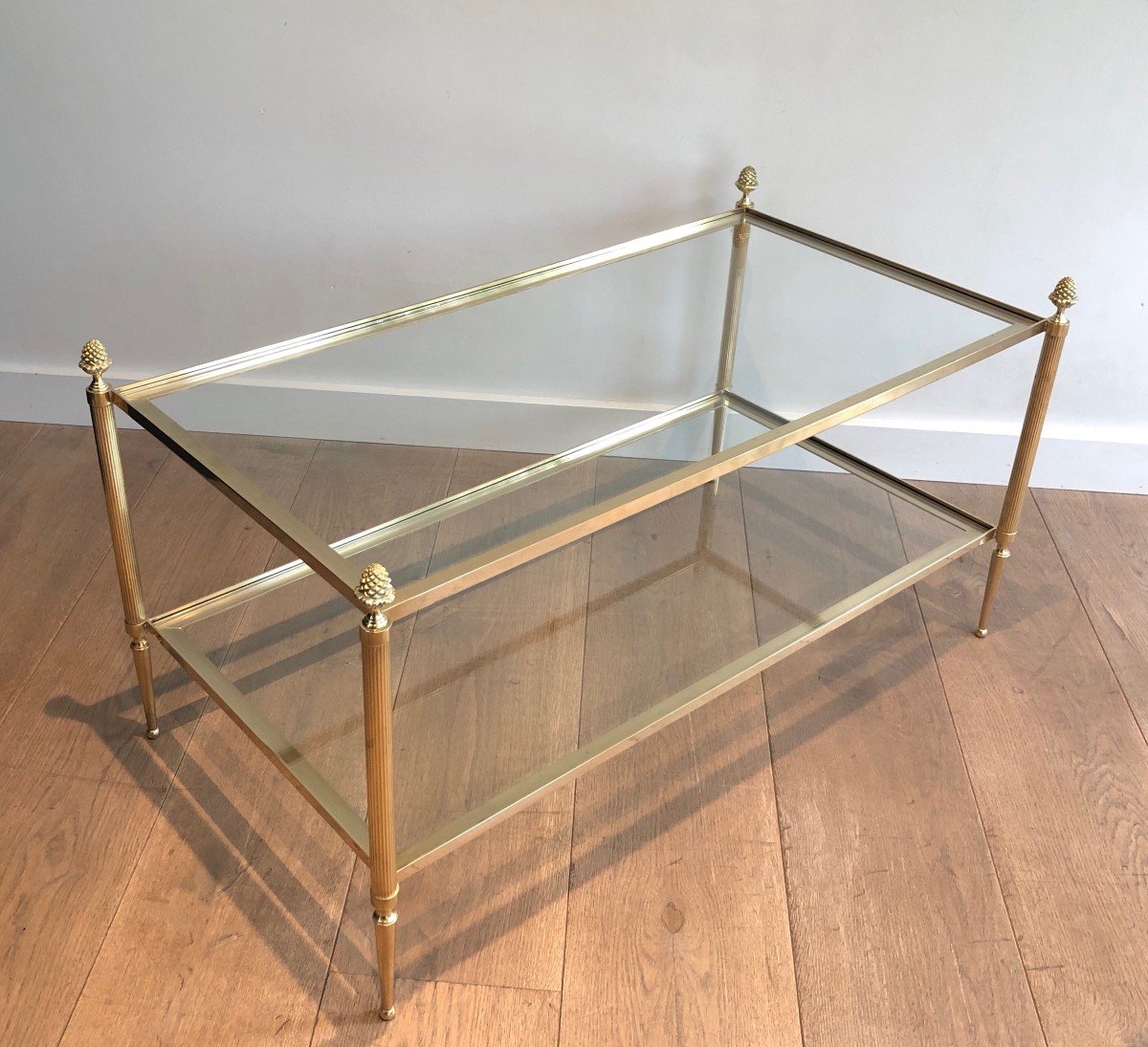 Brass Coffee Table By Maison Baguès With Two Glass Shelves Featuring Bronze Tassels On Corners-photo-7