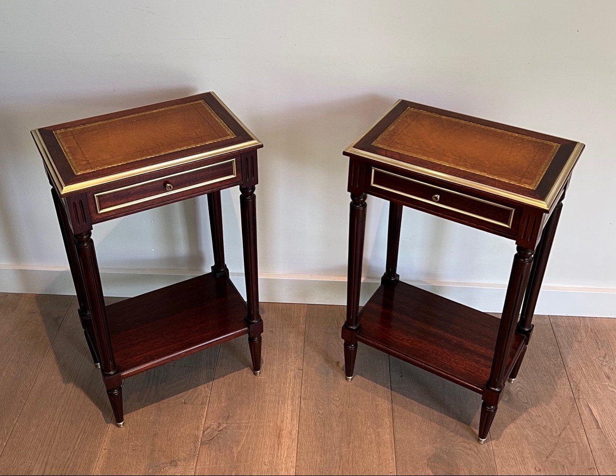 Pair Of Mahogany And Brass Side Tables With Leather Tops In The Style Of Maison Jansen-photo-2