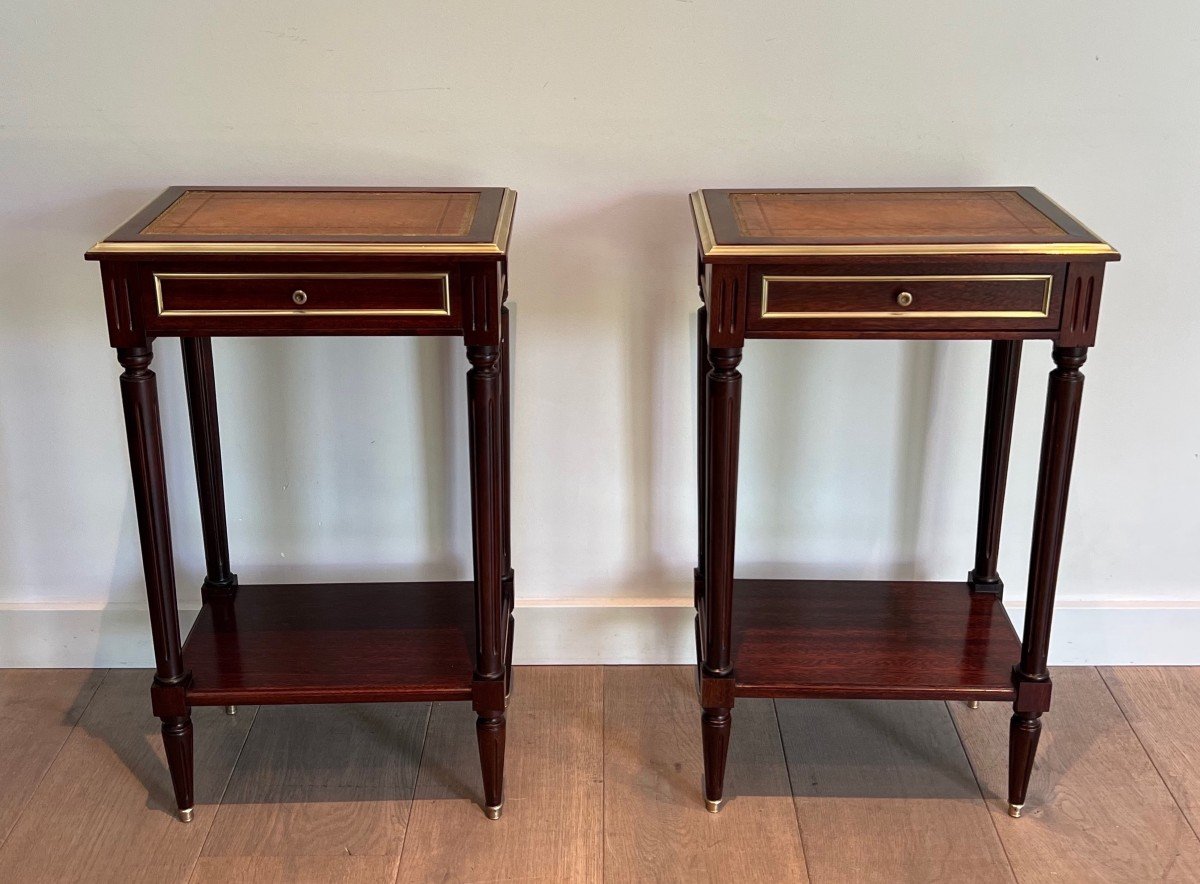 Pair Of Mahogany And Brass Side Tables With Leather Tops In The Style Of Maison Jansen-photo-7