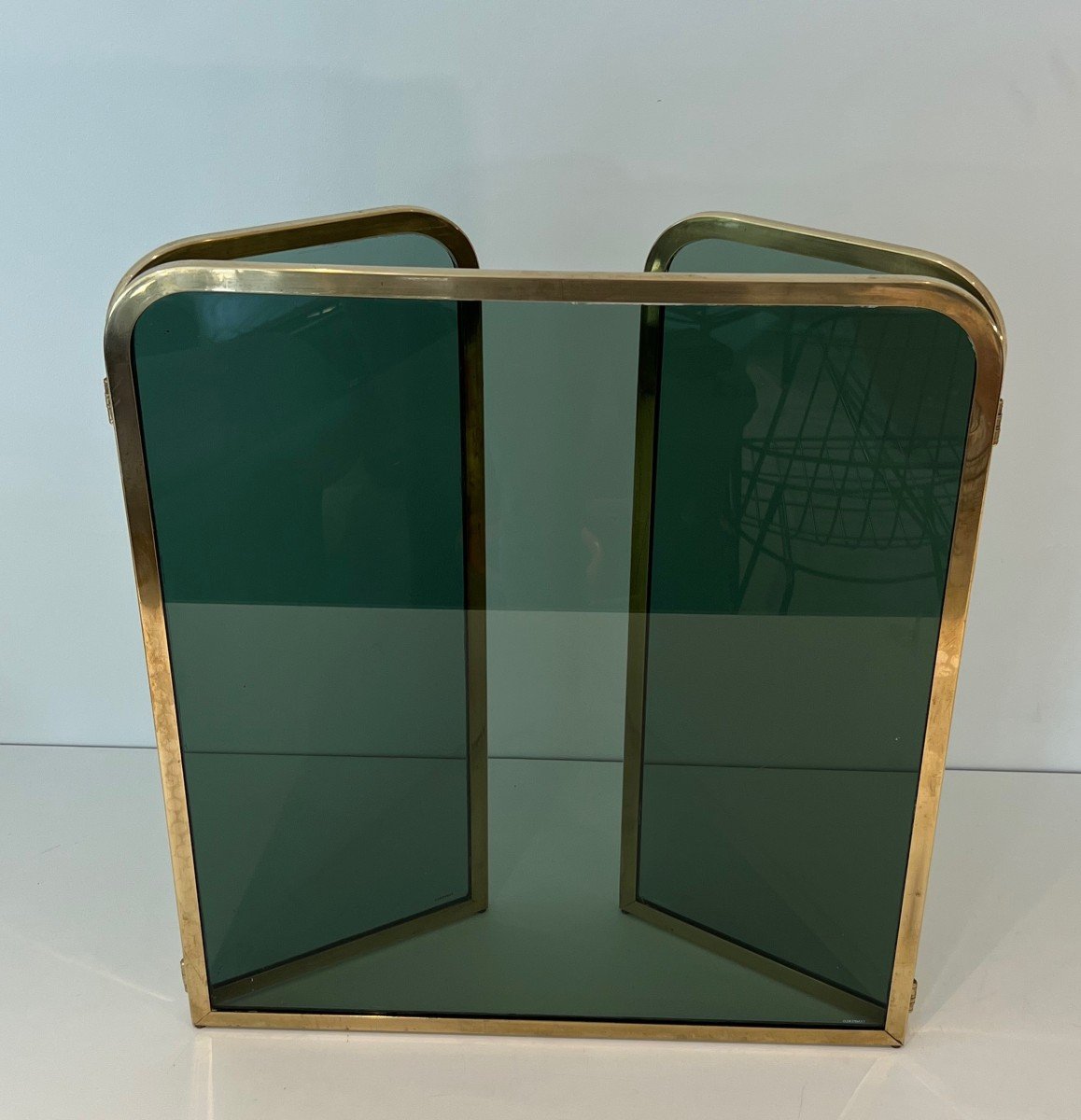 Fireplace Screen Made Of Glass Panels Surrounded By A Brass Frame. French Work. Circa 1970-photo-3