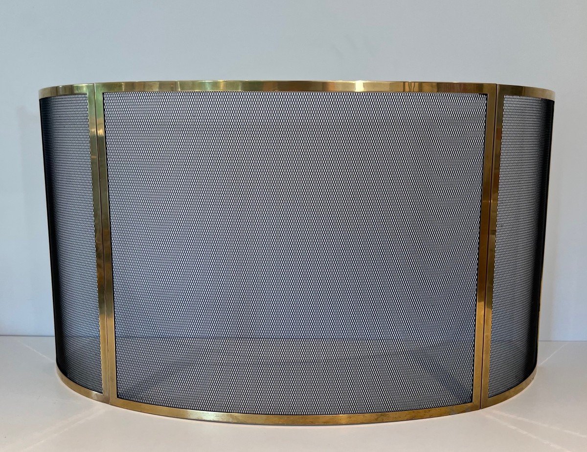 Design Curved Brass Fireplace Screen. French Work. Circa 1970-photo-4