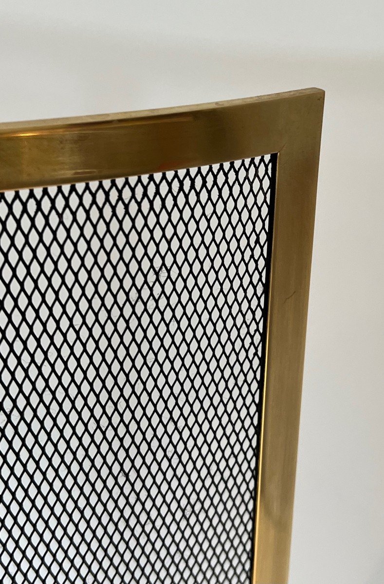 Design Curved Brass Fireplace Screen. French Work. Circa 1970-photo-6