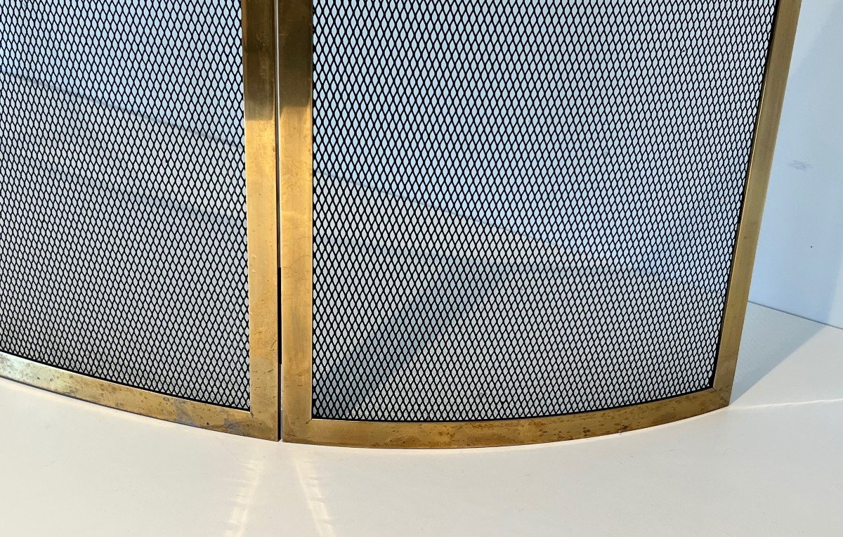 Design Curved Brass Fireplace Screen. French Work. Circa 1970-photo-7