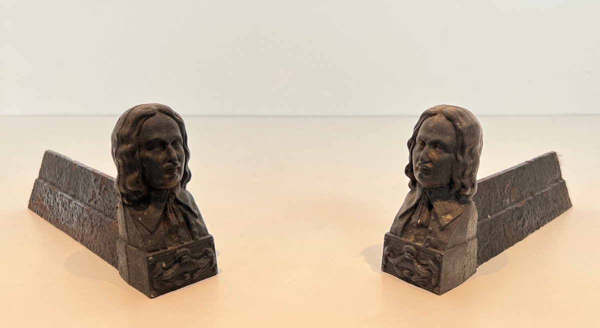 Pair Of Cast Iron Andirons Bearing The Image Of Beethoven. French Work. Around 1900-photo-2