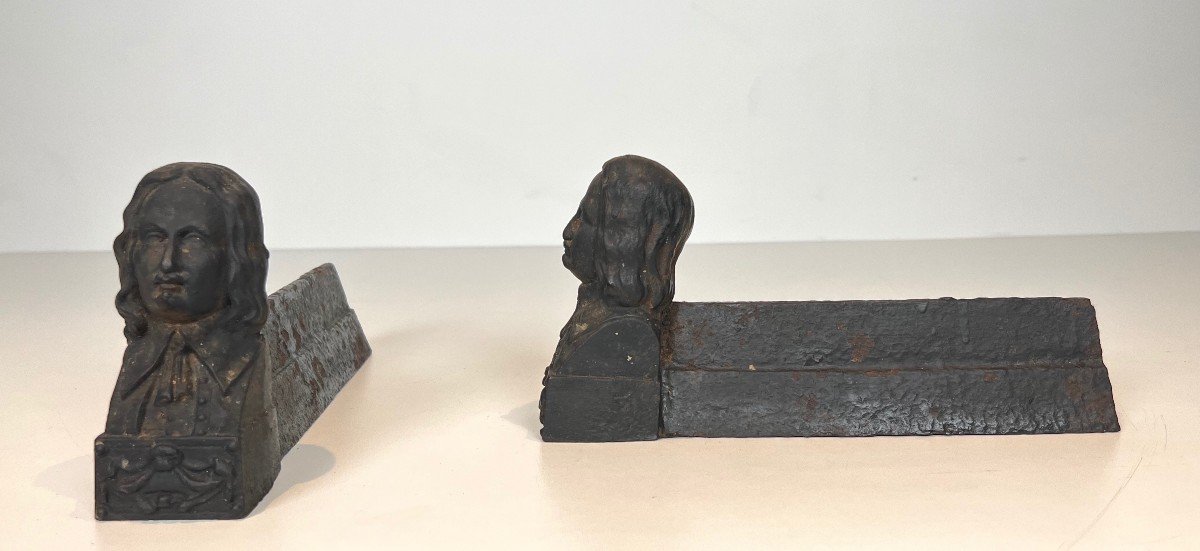 Pair Of Cast Iron Andirons Bearing The Image Of Beethoven. French Work. Around 1900-photo-2