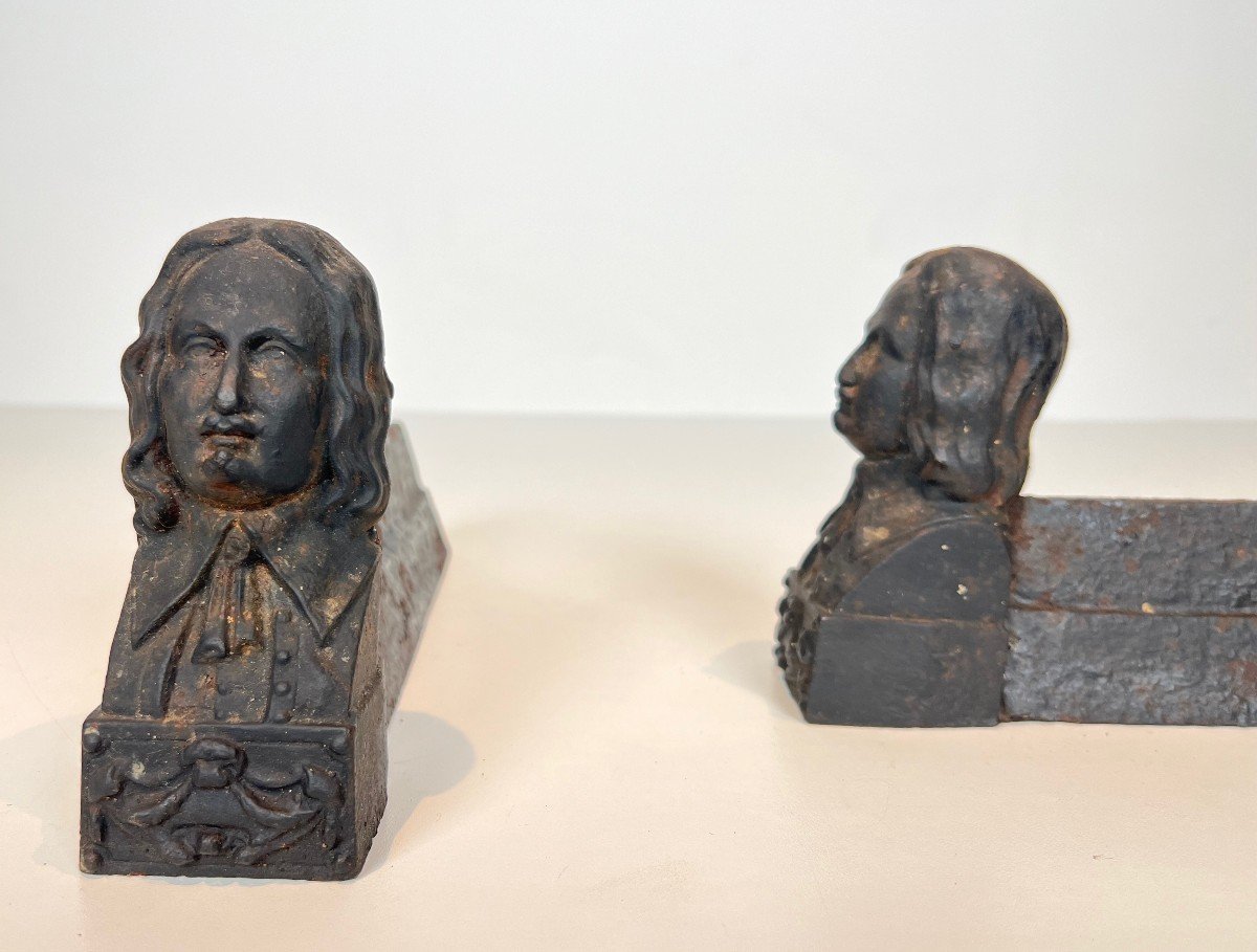 Pair Of Cast Iron Andirons Bearing The Image Of Beethoven. French Work. Around 1900-photo-3