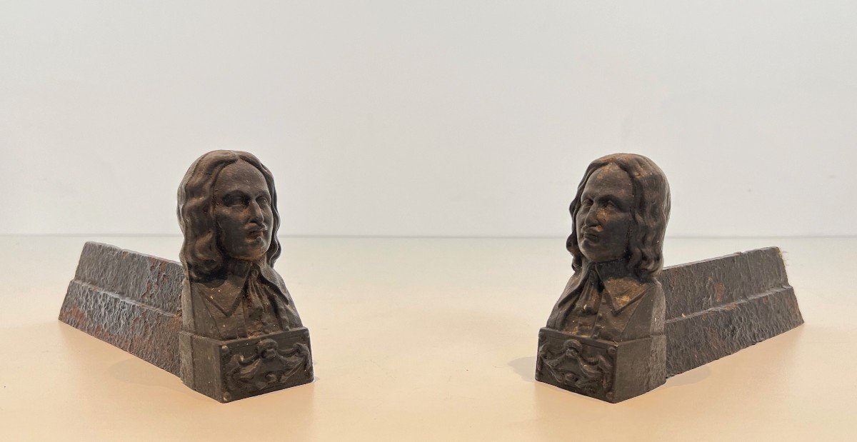 Pair Of Cast Iron Andirons Bearing The Image Of Beethoven. French Work. Around 1900-photo-8