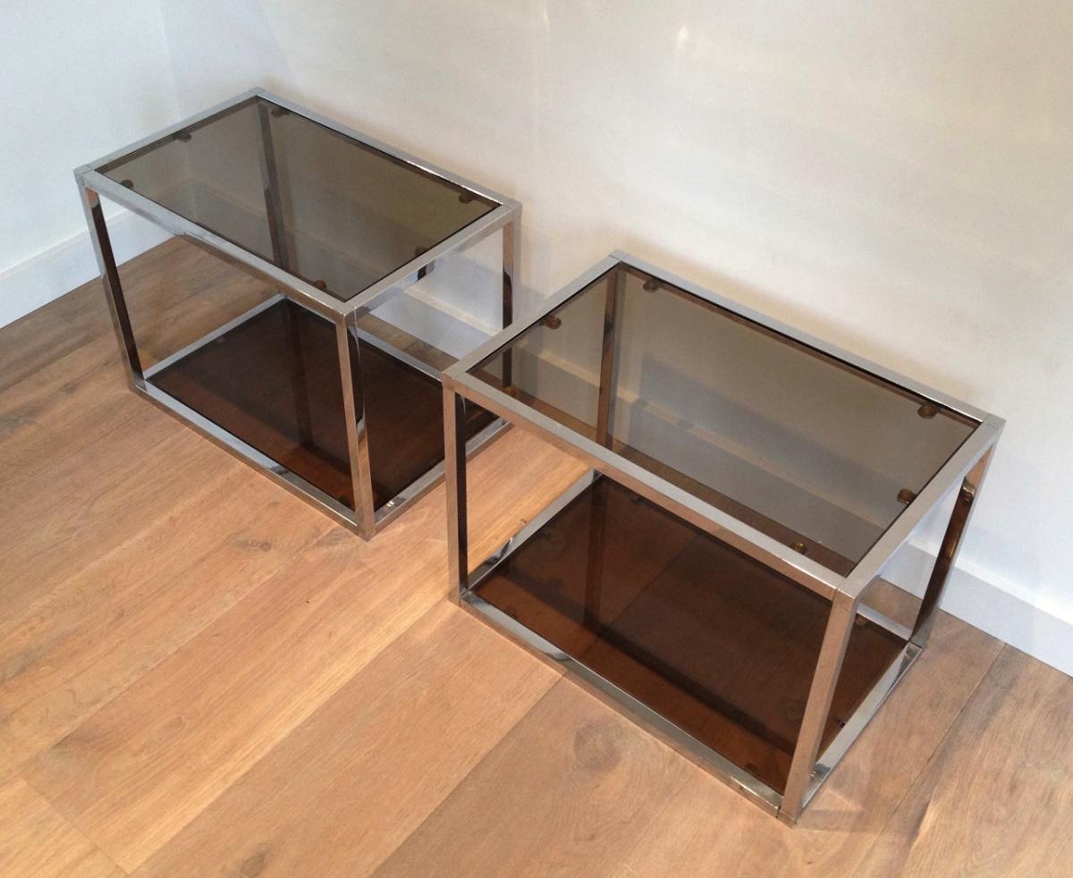 Pair Of Chrome And Smoked Glasses Side Tables. Circa 1970-photo-2