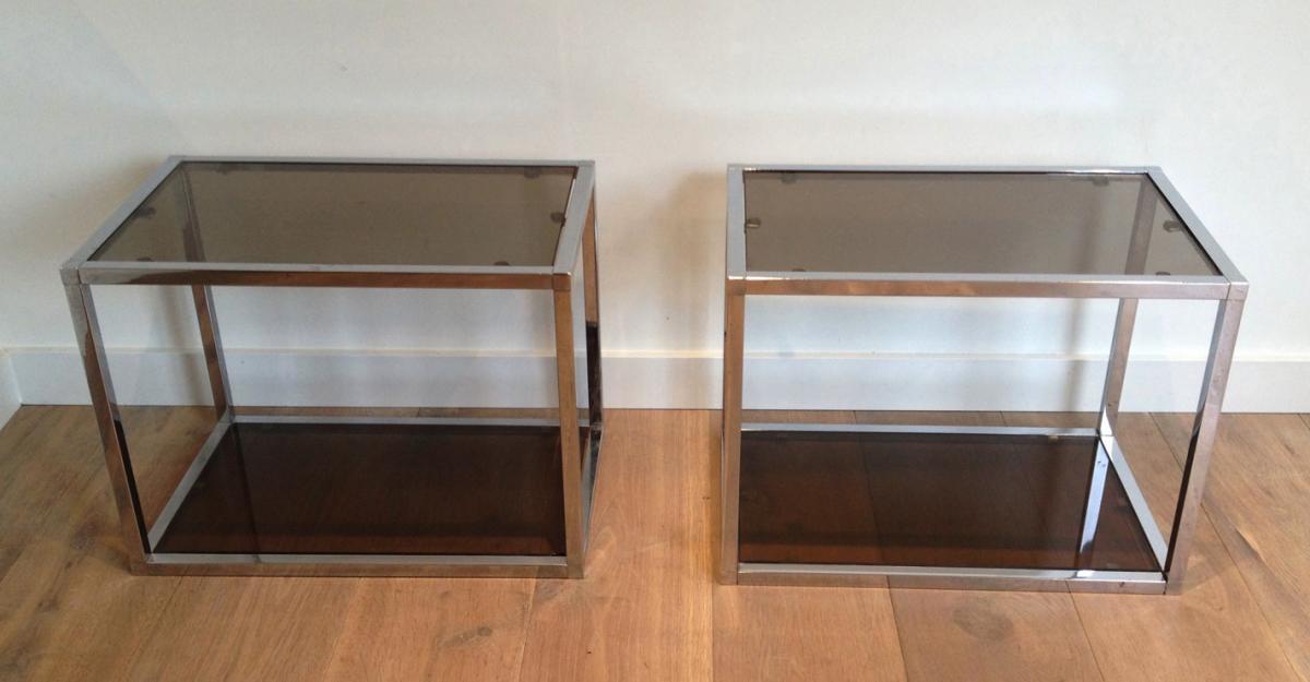 Pair Of Chrome And Smoked Glasses Side Tables. Circa 1970-photo-4