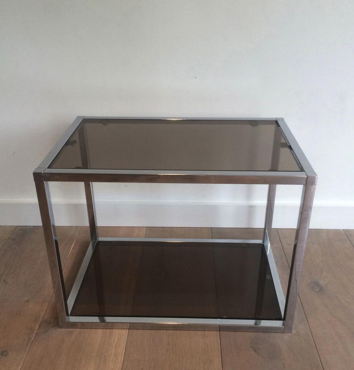 Pair Of Chrome And Smoked Glasses Side Tables. Circa 1970-photo-3