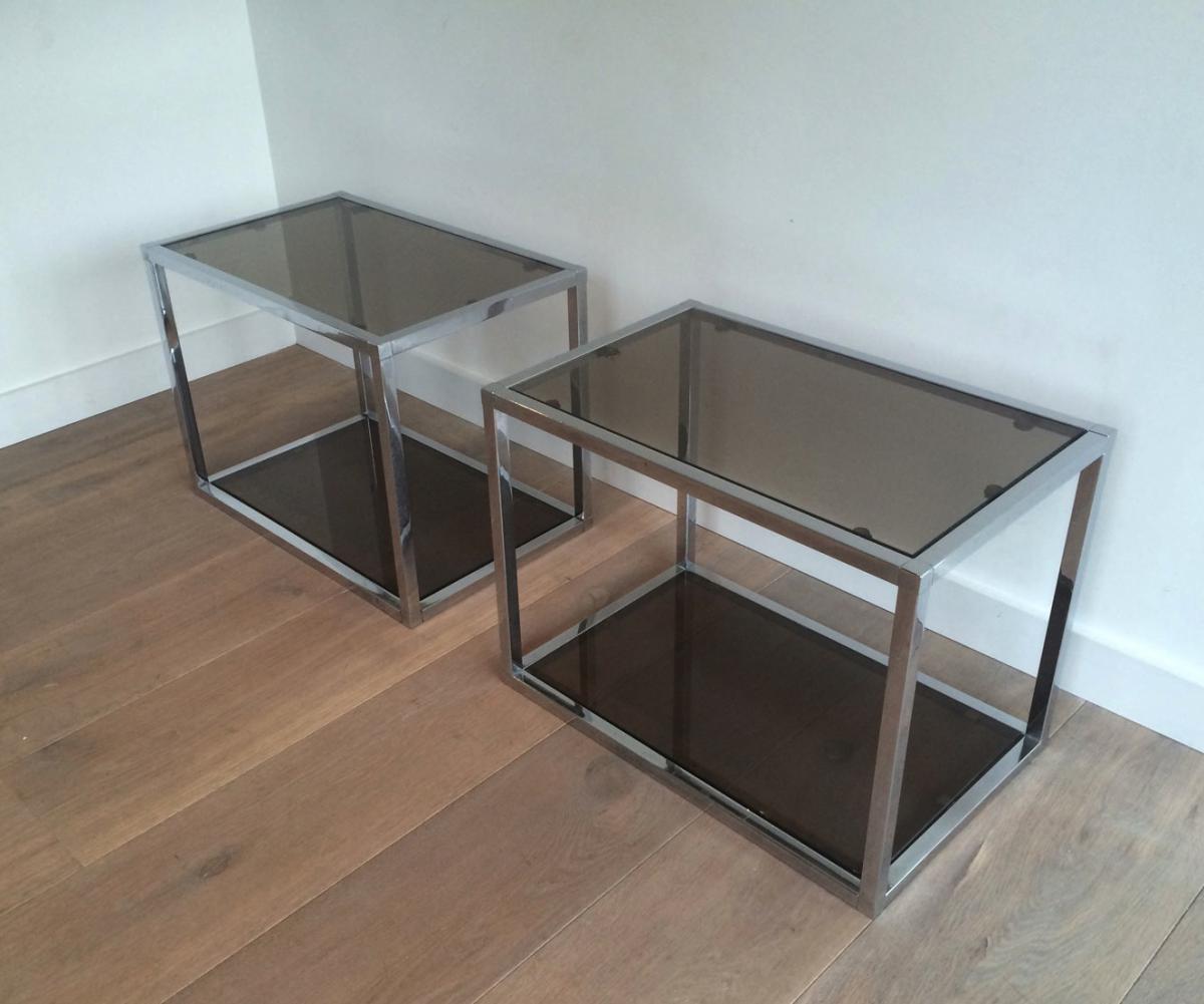 Pair Of Chrome And Smoked Glasses Side Tables. Circa 1970-photo-6