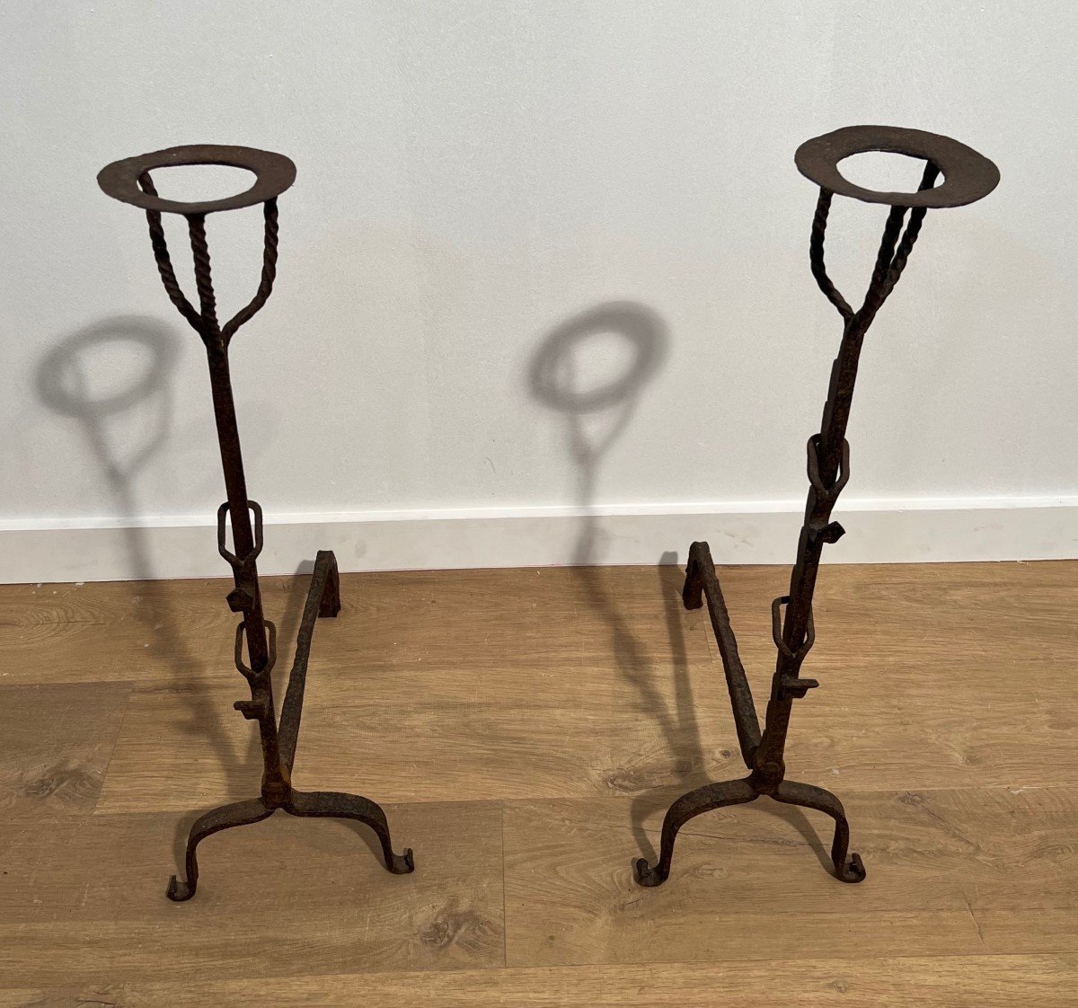 Pair Of Wrought Iron Landiers With Rack. French Work. 18th Century-photo-2