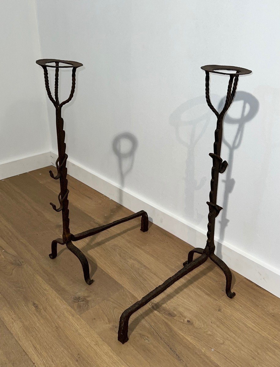 Pair Of Wrought Iron Landiers With Rack. French Work. 18th Century-photo-4