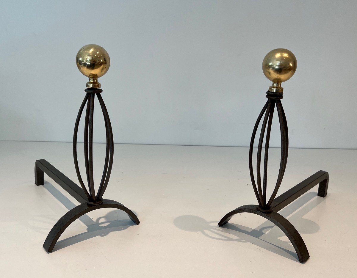 Pair Of Wrought Iron And Brass Andirons. French Work. Circa 1970-photo-2