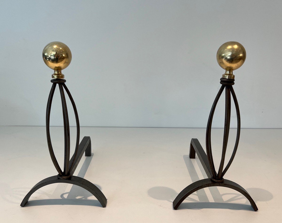 Pair Of Wrought Iron And Brass Andirons. French Work. Circa 1970-photo-3