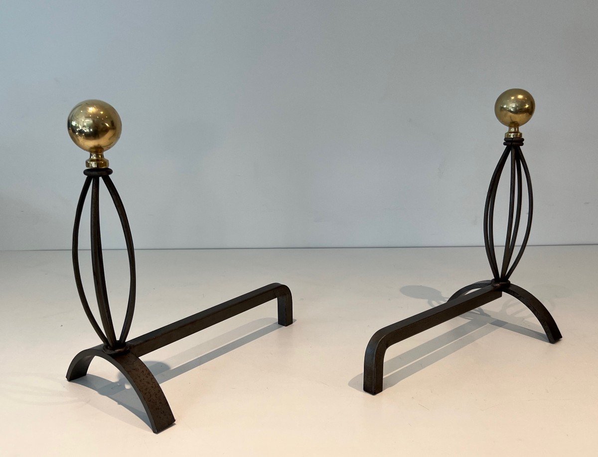 Pair Of Wrought Iron And Brass Andirons. French Work. Circa 1970-photo-1