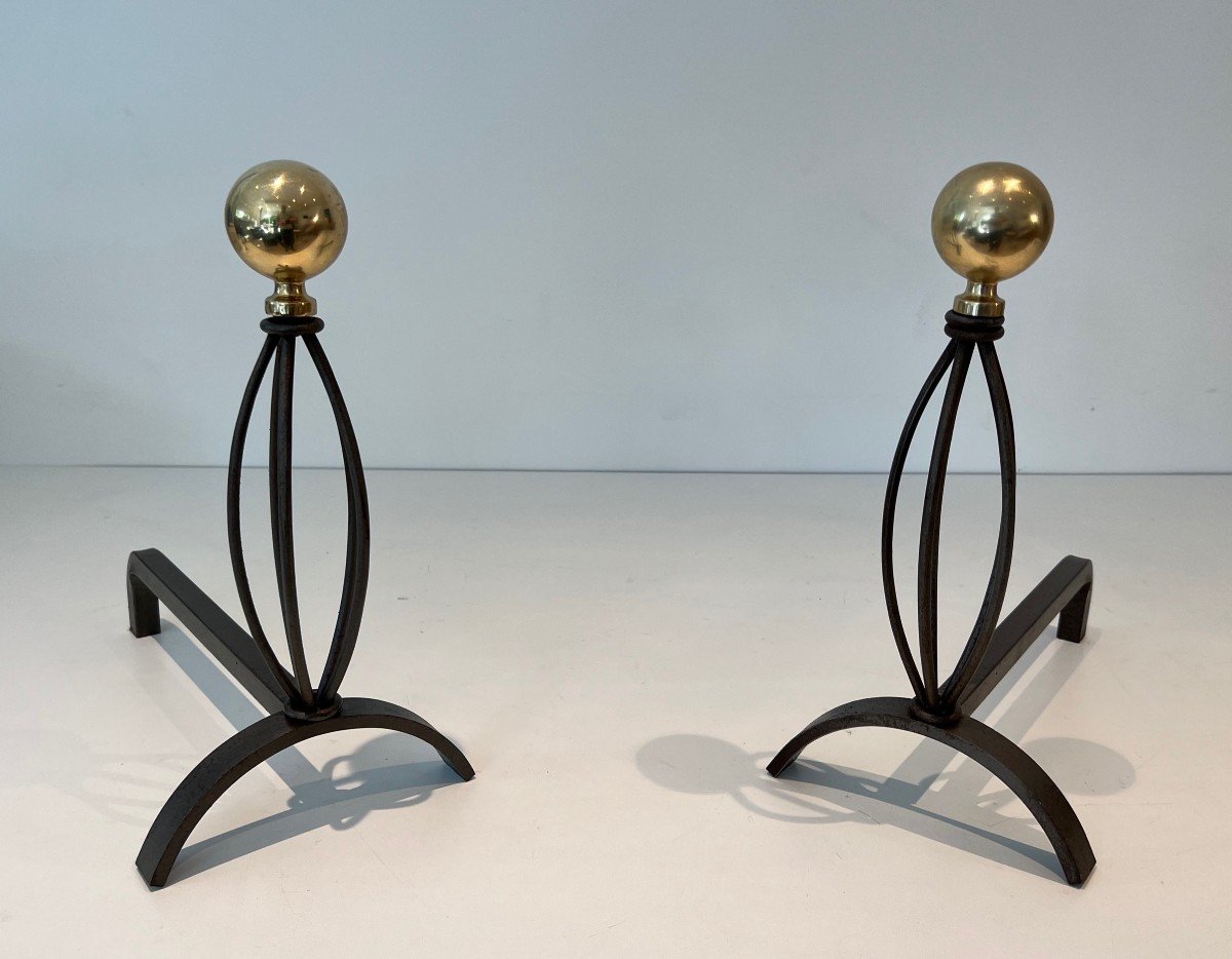 Pair Of Wrought Iron And Brass Andirons. French Work. Circa 1970-photo-5