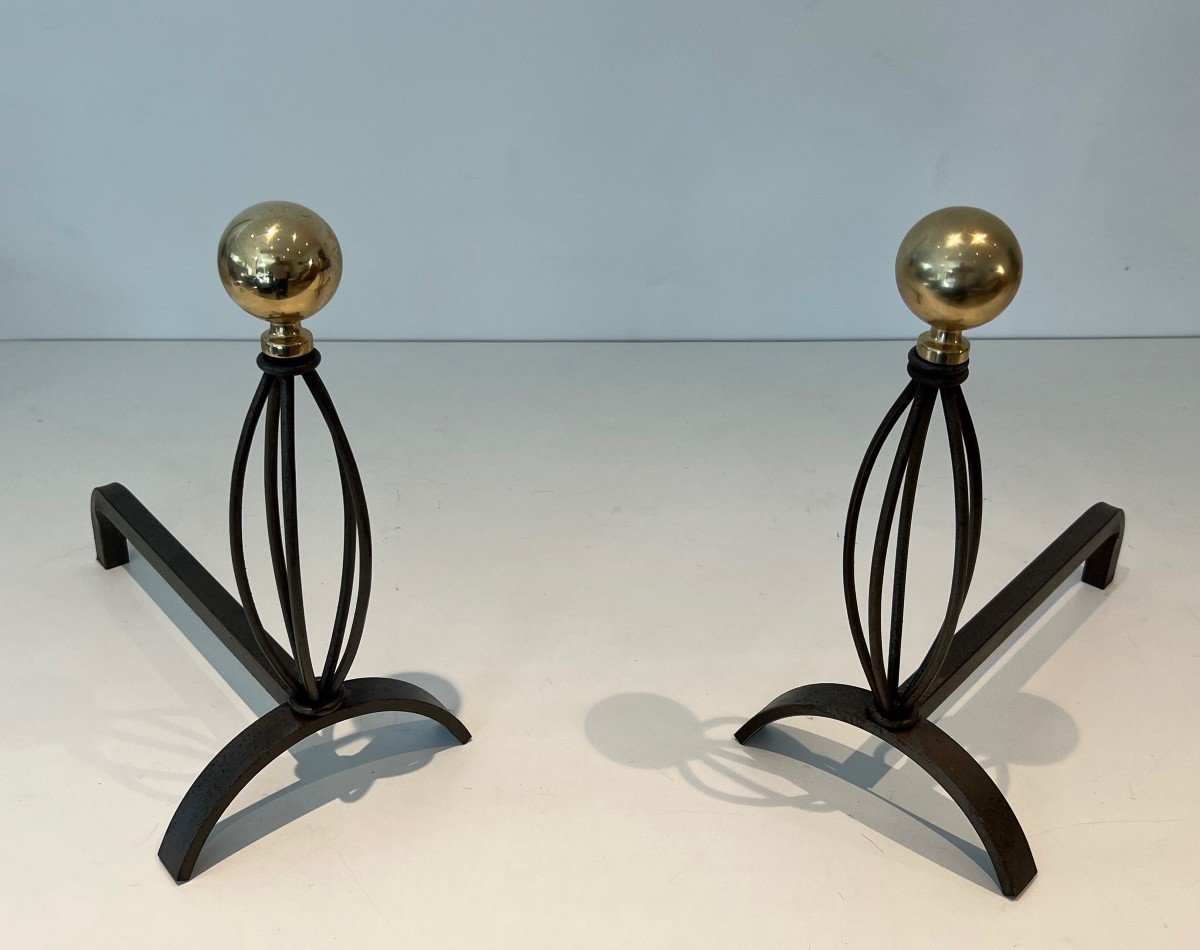 Pair Of Wrought Iron And Brass Andirons. French Work. Circa 1970