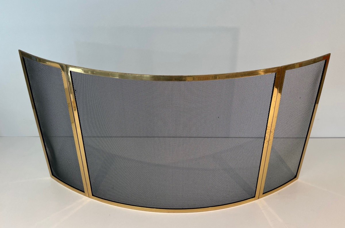 Design Curved Brass Fireplace Screen With 3 Panels. French Work. Circa 1970-photo-2