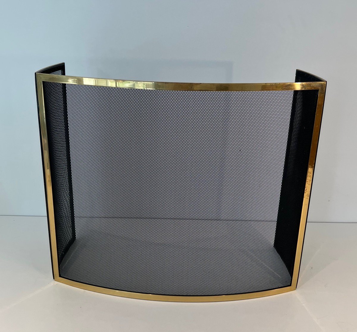 Design Curved Brass Fireplace Screen With 3 Panels. French Work. Circa 1970-photo-4
