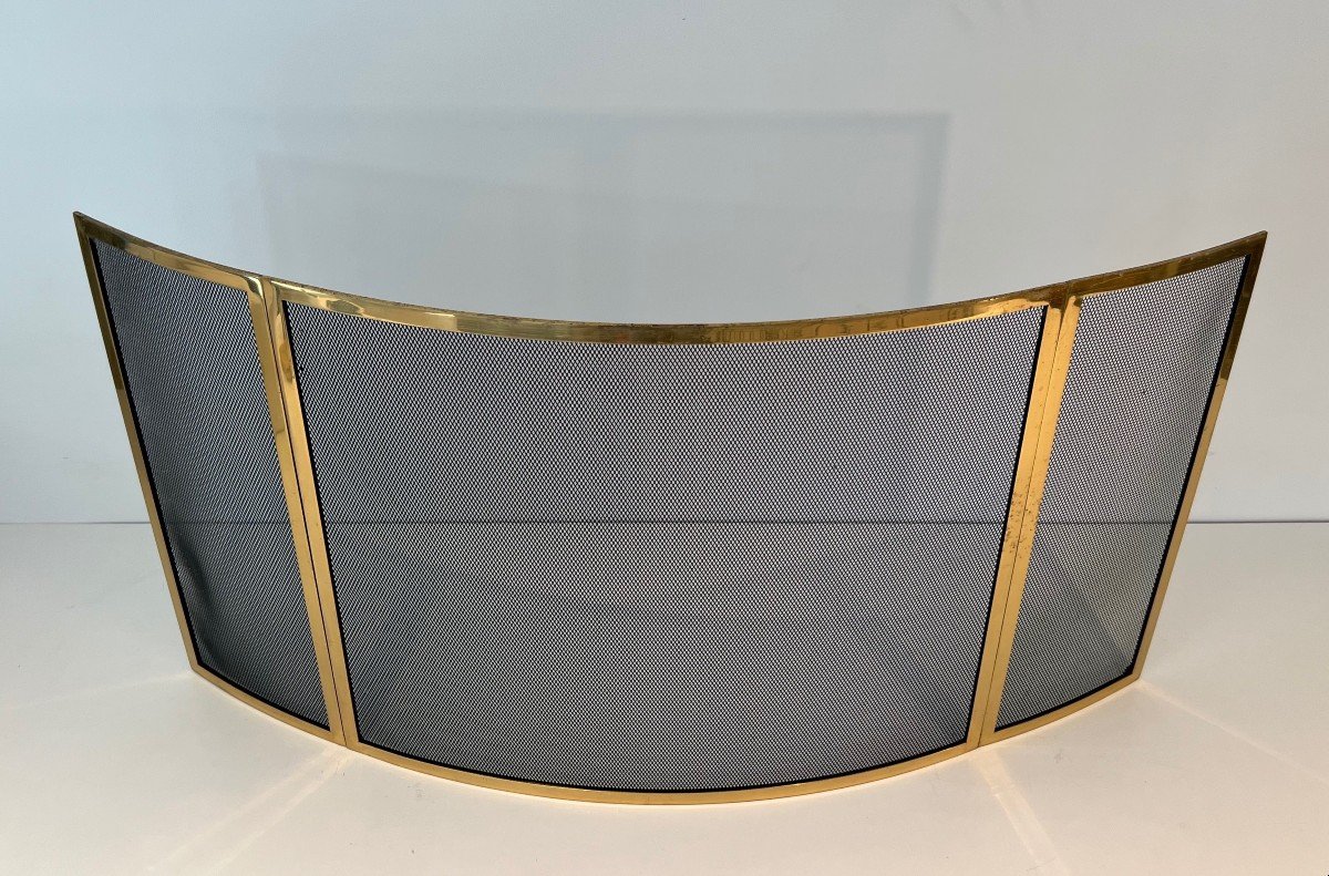 Design Curved Brass Fireplace Screen With 3 Panels. French Work. Circa 1970-photo-6