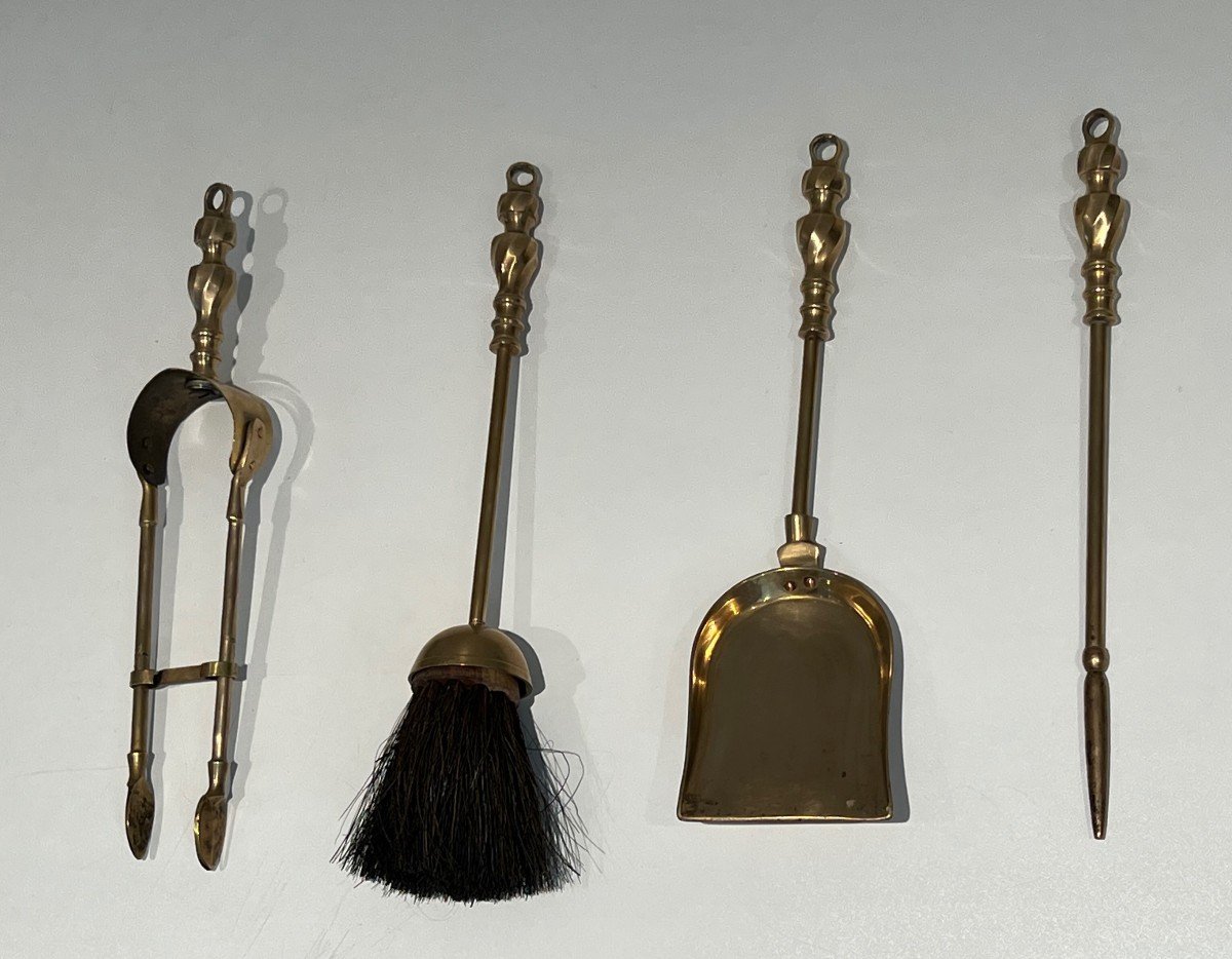 Neoclassical Style Brass Fire Kit. French Work. Around 1970-photo-2