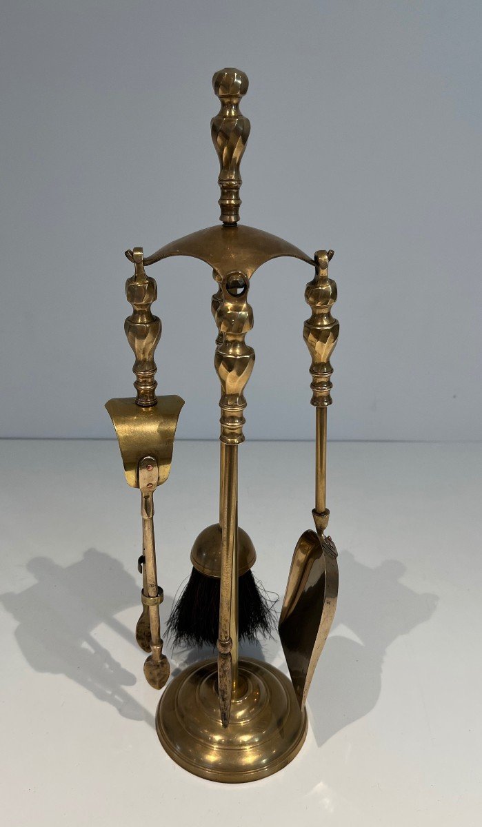 Neoclassical Style Brass Fire Kit. French Work. Around 1970-photo-5