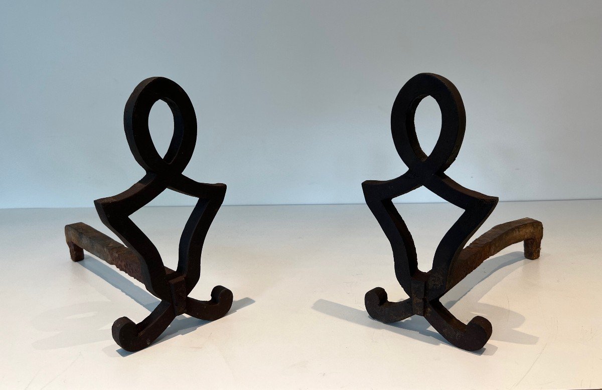 Pair Of Modernized Andirons In Cast Iron And Wrought Iron. French Work By Raymond Subes. Around 1940-photo-2