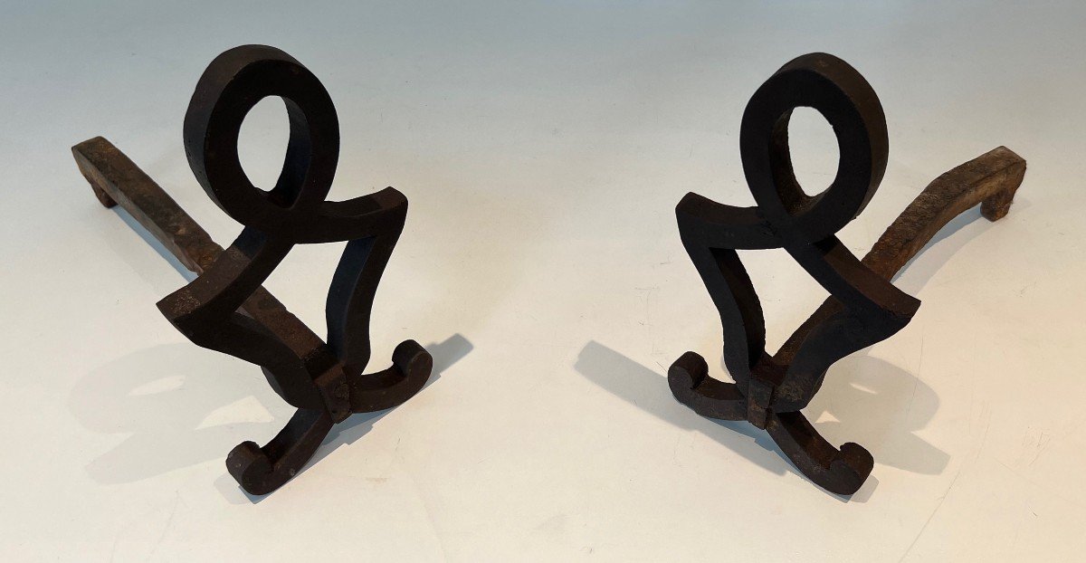 Pair Of Modernized Andirons In Cast Iron And Wrought Iron. French Work By Raymond Subes. Around 1940-photo-3