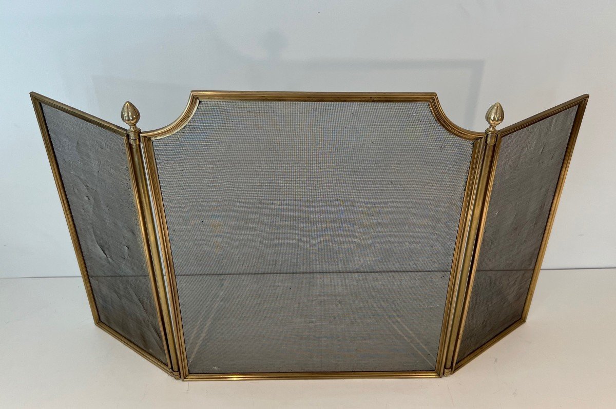 Neoclassical Style Brushed Steel, Brass And Grilling 3 Panels Fireplace Screen. French Worki N -photo-2
