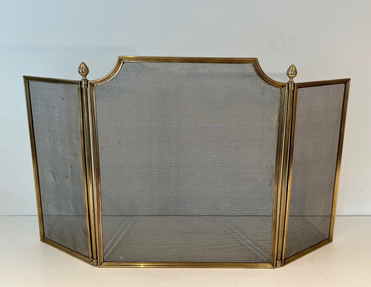 Neoclassical Style Brushed Steel, Brass And Grilling 3 Panels Fireplace Screen. French Worki N -photo-8