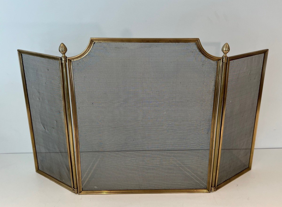 Neoclassical Style Brushed Steel, Brass And Grilling 3 Panels Fireplace Screen. French Worki N 