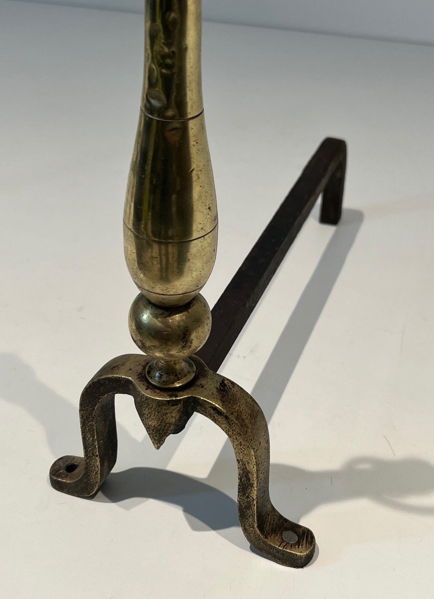 Pair Of Neoclassical Style Andirons In Brass And Wrought Iron. Slight Brass Dents-photo-3