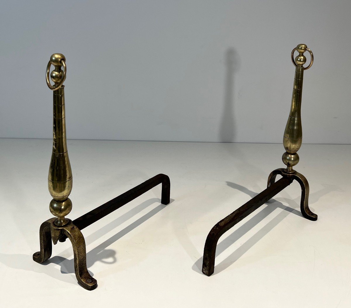 Pair Of Neoclassical Style Andirons In Brass And Wrought Iron. Slight Brass Dents-photo-7