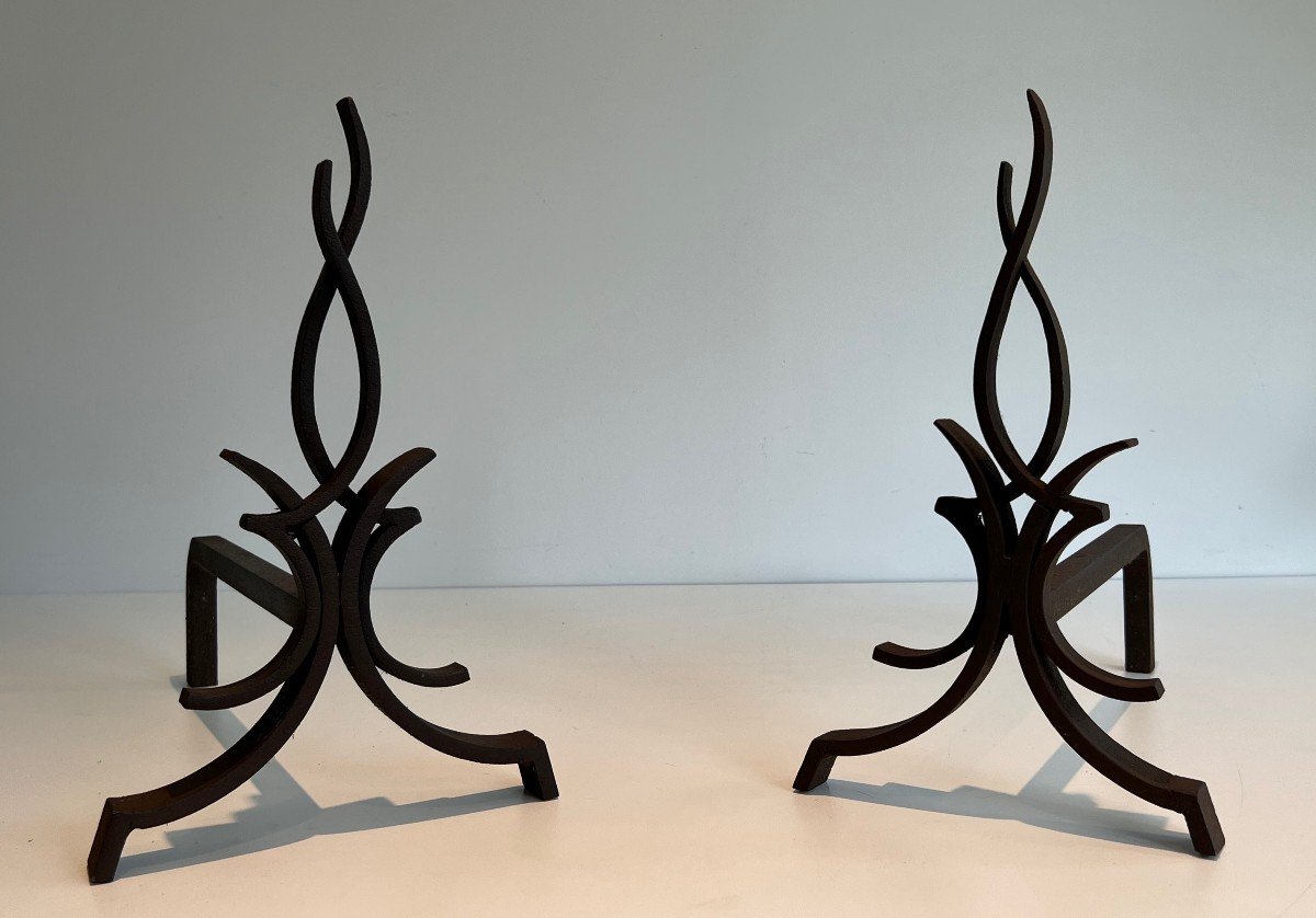 Pair Of Wrought Iron Andirons. French Work By Raymond Subes. Circa 1940-photo-2