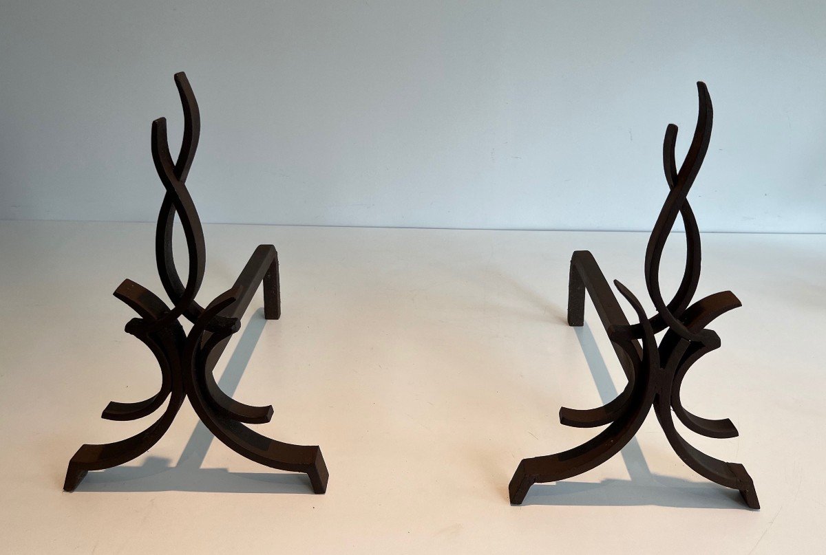 Pair Of Wrought Iron Andirons. French Work By Raymond Subes. Circa 1940-photo-4