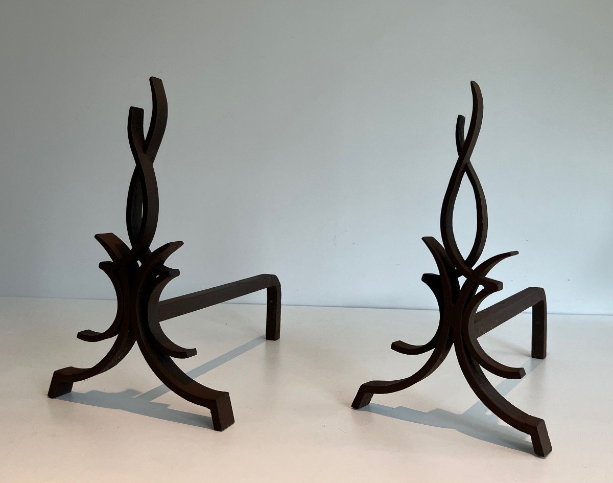 Pair Of Wrought Iron Andirons. French Work By Raymond Subes. Circa 1940-photo-1