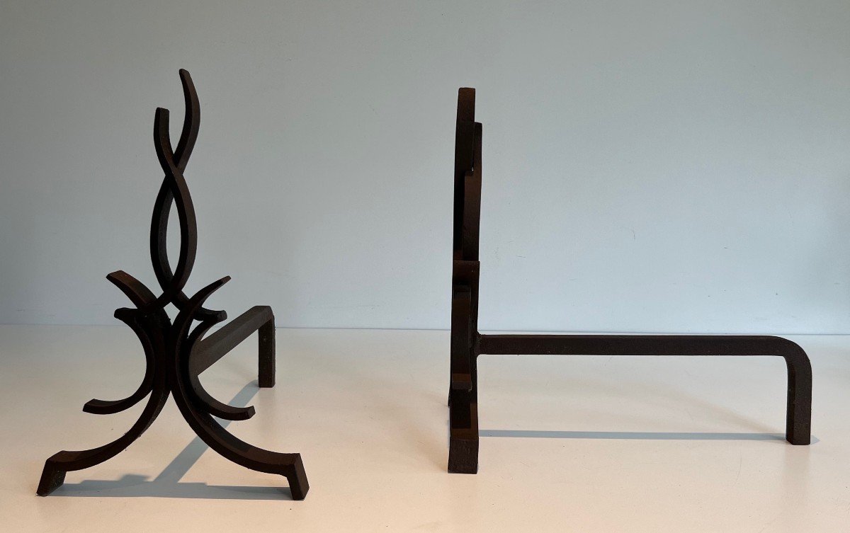 Pair Of Wrought Iron Andirons. French Work By Raymond Subes. Circa 1940-photo-2