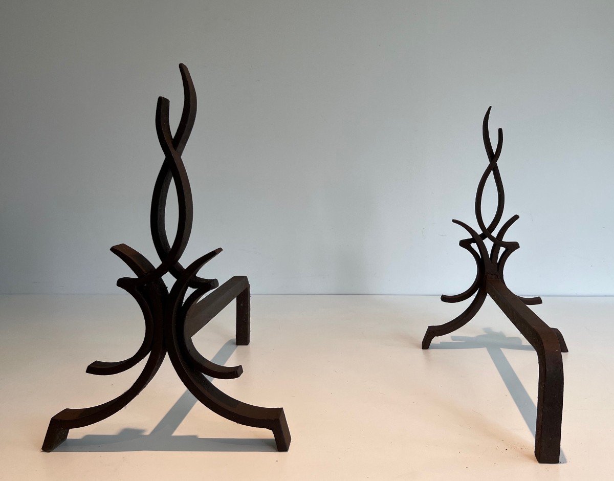 Pair Of Wrought Iron Andirons. French Work By Raymond Subes. Circa 1940-photo-3