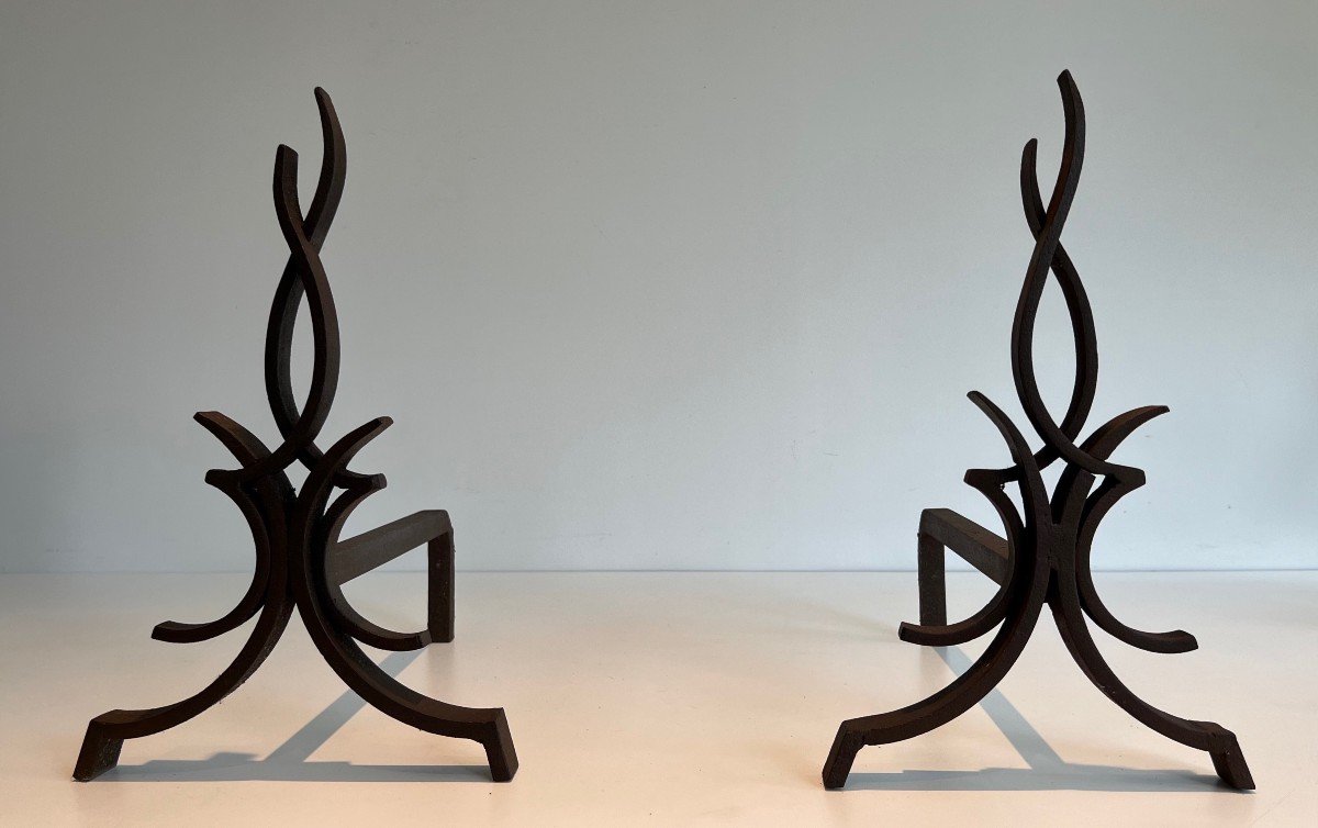 Pair Of Wrought Iron Andirons. French Work By Raymond Subes. Circa 1940-photo-8