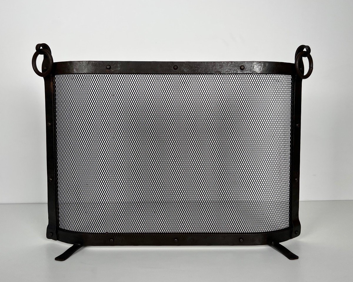 Curved Riveted Wrought Iron Fireplace Screen With Rings. French Work In The Style Of J Adnet-photo-2